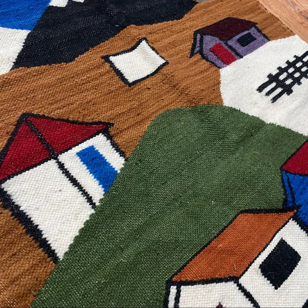 Vintage Blue Green Brown Mountain Village Tapestry